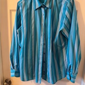 Foxcroft Women's Turquoise and White Striped Button Down Shirt